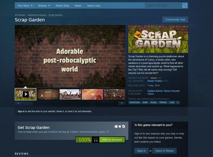 Steam免费领取Scrap Garden（拾荒花园）